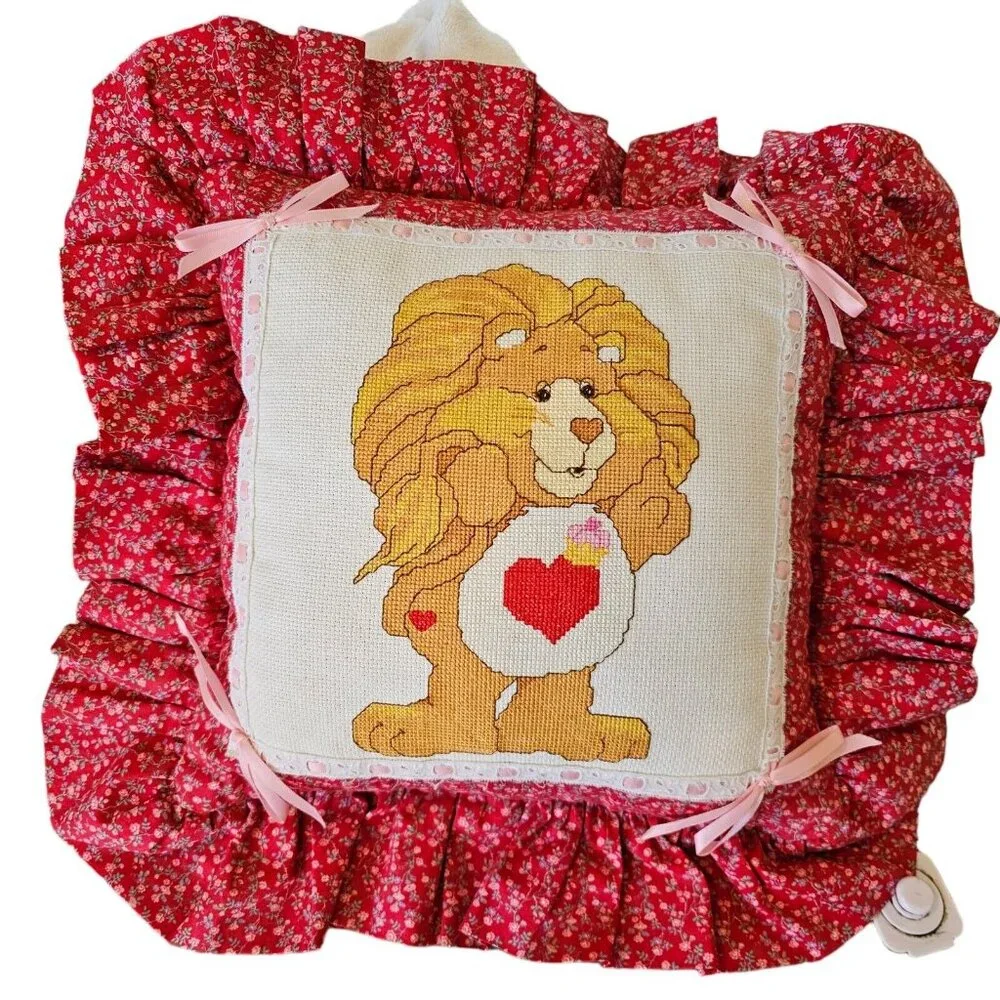 Vintage 80s 90s Carebears Pillow Brave‎ Heart Lion Cross Stitch Ruffle Floral